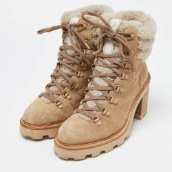 Pre Owned Jimmy Choo Beige Suede and Fur Block Heel Ankle Boots Size 39.5