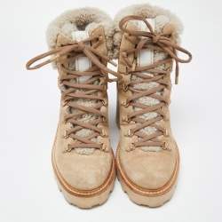 Pre Owned Jimmy Choo Beige Suede and Fur Block Heel Ankle Boots Size 39.5