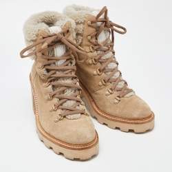 Pre Owned Jimmy Choo Beige Suede and Fur Block Heel Ankle Boots Size 39.5