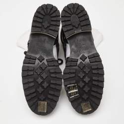 Pre Owned Jimmy Choo White/Black Canvas and Leather Ankle Boots Size 39