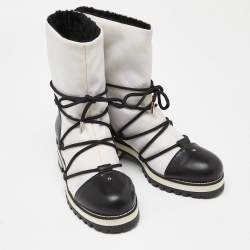 Pre Owned Jimmy Choo White/Black Canvas and Leather Ankle Boots Size 39