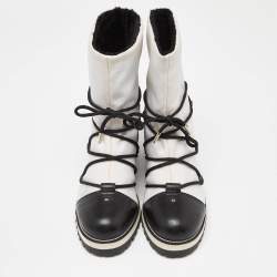 Pre Owned Jimmy Choo White/Black Canvas and Leather Ankle Boots Size 39