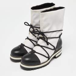 Pre Owned Jimmy Choo White/Black Canvas and Leather Ankle Boots Size 39