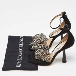 Pre Owned Jimmy Choo Black Suede Crystal Embellished Bow Ankle Strap Sandals Size 37