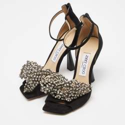 Pre Owned Jimmy Choo Black Suede Crystal Embellished Bow Ankle Strap Sandals Size 37