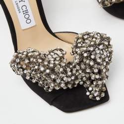 Pre Owned Jimmy Choo Black Suede Crystal Embellished Bow Ankle Strap Sandals Size 37