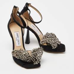 Pre Owned Jimmy Choo Black Suede Crystal Embellished Bow Ankle Strap Sandals Size 37
