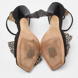 Pre Owned Jimmy Choo Black Suede Crystal Embellished Bow Ankle Strap Sandals Size 37