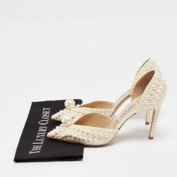 Pre Owned Jimmy Choo Off White Faux Pearl Embellished Satin Sabine Pumps Size 40