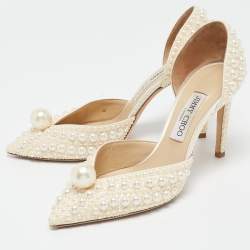 Pre Owned Jimmy Choo Off White Faux Pearl Embellished Satin Sabine Pumps Size 40
