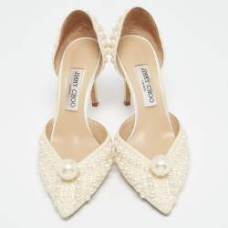 Pre Owned Jimmy Choo Off White Faux Pearl Embellished Satin Sabine Pumps Size 40