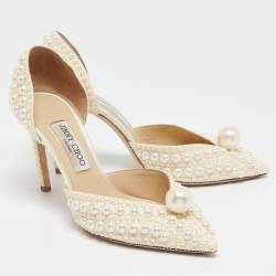 Pre Owned Jimmy Choo Off White Faux Pearl Embellished Satin Sabine Pumps Size 40