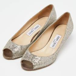 Jimmy Choo Silver Glitter Baxen Wedge Pumps Size 38