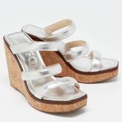 Pre Owned Jimmy Choo Silver Leather Athenia Wedge Sandals Size 39