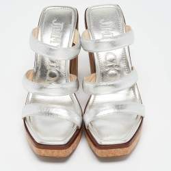 Pre Owned Jimmy Choo Silver Leather Athenia Wedge Sandals Size 39