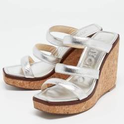 Pre Owned Jimmy Choo Silver Leather Athenia Wedge Sandals Size 39