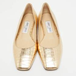 Pre Owned Jimmy Choo Gold Embossed Croc Mirele Ballet Flats Size 36