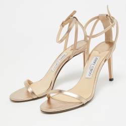 Pre Owned Jimmy Choo Gold Leather Minny Ankle Strap Sandals Size 38.5