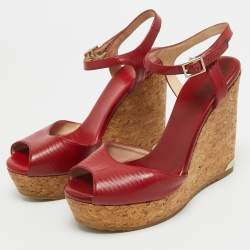 Jimmy Choo Red Leather Pela Cork Wedge Sandals Size 35.5