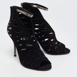 Pre Owned Jimmy Choo Black/Metallic Suede and Leather Cut Out Tamber Booties Size 37