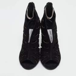 Pre Owned Jimmy Choo Black/Metallic Suede and Leather Cut Out Tamber Booties Size 37