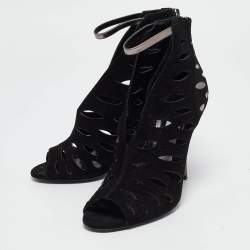 Pre Owned Jimmy Choo Black/Metallic Suede and Leather Cut Out Tamber Booties Size 37