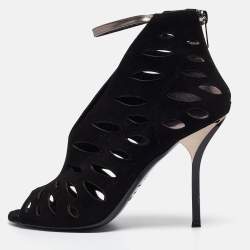 Pre Owned Jimmy Choo Black/Metallic Suede and Leather Cut Out Tamber Booties Size 37