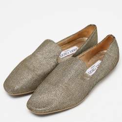 Pre Owned Jimmy Choo Gold Glitter Lame Fabric Slip On Smoking Slippers Size 35.5