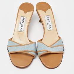 مملوكة مسبقًا Jimmy Choo Navy Blue/Beige Leather Studded Open Toe Slide Sandals Size 37.5