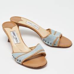 مملوكة مسبقًا Jimmy Choo Navy Blue/Beige Leather Studded Open Toe Slide Sandals Size 37.5
