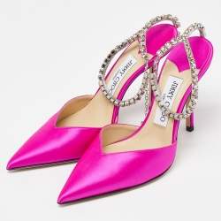 Jimmy Choo Fuchsia Satin Saeda Crystals Ankle Strap Pumps Size 38.5