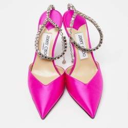 Jimmy Choo Fuchsia Satin Saeda Crystals Ankle Strap Pumps Size 38.5