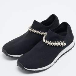 Pre Owned Jimmy Choo Black Knit Fabric Crystal Embellished Verona Sneakers Size 39