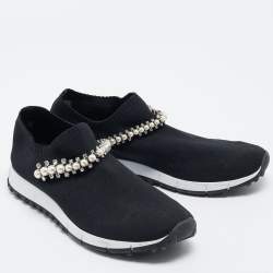 Pre Owned Jimmy Choo Black Knit Fabric Crystal Embellished Verona Sneakers Size 39