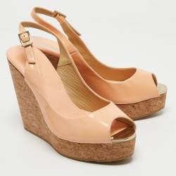 Jimmy Choo Peach Patent Leather Prova Wedge Sandals Size 37.5