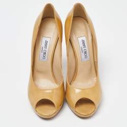 Jimmy Choo Beige Patent Leather Crown Peep Toe Pumps Size 40