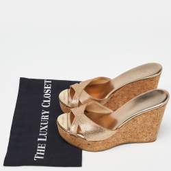 Pre Owned Jimmy Choo Gold Glitter Prima Cork Wedge Platform Sandals Size 36.5