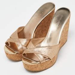 Pre Owned Jimmy Choo Gold Glitter Prima Cork Wedge Platform Sandals Size 36.5