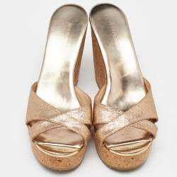 Pre Owned Jimmy Choo Gold Glitter Prima Cork Wedge Platform Sandals Size 36.5