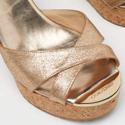 Pre Owned Jimmy Choo Gold Glitter Prima Cork Wedge Platform Sandals Size 36.5
