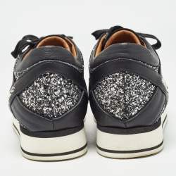 Pre Owned Jimmy Choo Black/Silver Coarse Glitter and Leather Low Top Sneakers Size 39
