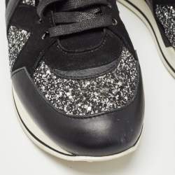 Pre Owned Jimmy Choo Black/Silver Coarse Glitter and Leather Low Top Sneakers Size 39