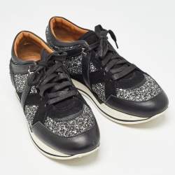 Pre Owned Jimmy Choo Black/Silver Coarse Glitter and Leather Low Top Sneakers Size 39