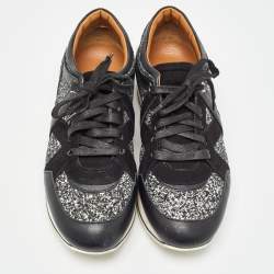 Pre Owned Jimmy Choo Black/Silver Coarse Glitter and Leather Low Top Sneakers Size 39