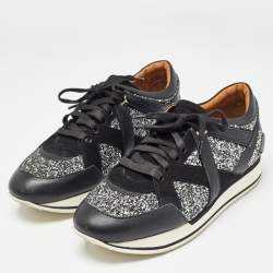 Pre Owned Jimmy Choo Black/Silver Coarse Glitter and Leather Low Top Sneakers Size 39