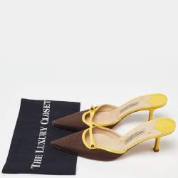 Pre Owned Jimmy Choo Brown/Yellow Canvas and Leather Pointed Toe Mules Size 40