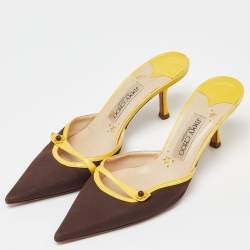 Pre Owned Jimmy Choo Brown/Yellow Canvas and Leather Pointed Toe Mules Size 40