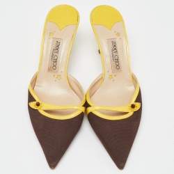 Pre Owned Jimmy Choo Brown/Yellow Canvas and Leather Pointed Toe Mules Size 40