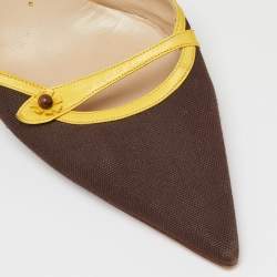 Pre Owned Jimmy Choo Brown/Yellow Canvas and Leather Pointed Toe Mules Size 40