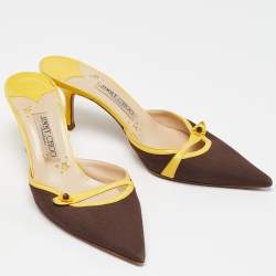 Pre Owned Jimmy Choo Brown/Yellow Canvas and Leather Pointed Toe Mules Size 40